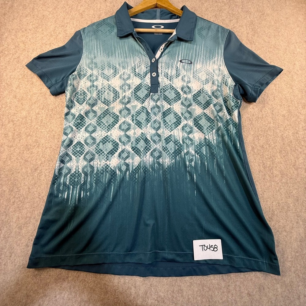 Oakley‎ Mens Golf Polo Shirt Large Teal Blue Geometric Diamond Print Performance